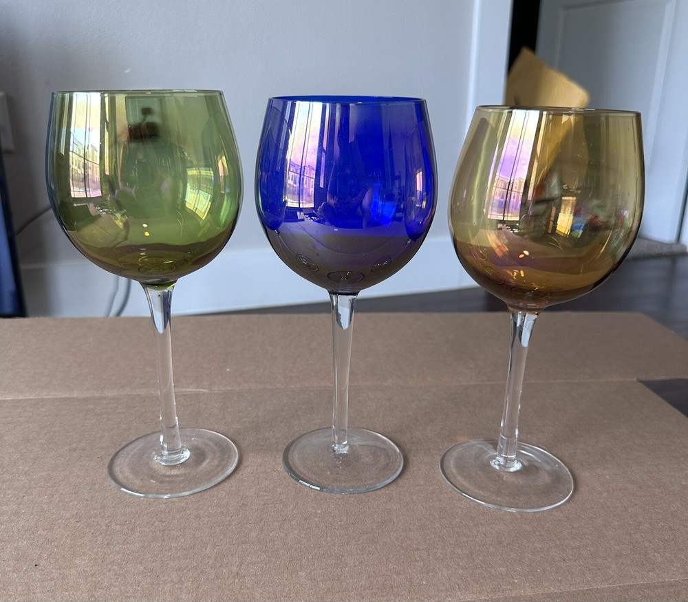 Three (3) Block Crystal Festival Balloon Wine Glasses Iridescent Jewel Colors