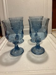 4 Goblets Anchor Hocking Savanna Blue With Embossed Roses 7.5 Inches Tall