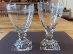 Lot Of 2 Fine Engraved Georgian Circa Late 18th Century Rummer Glasses Antique