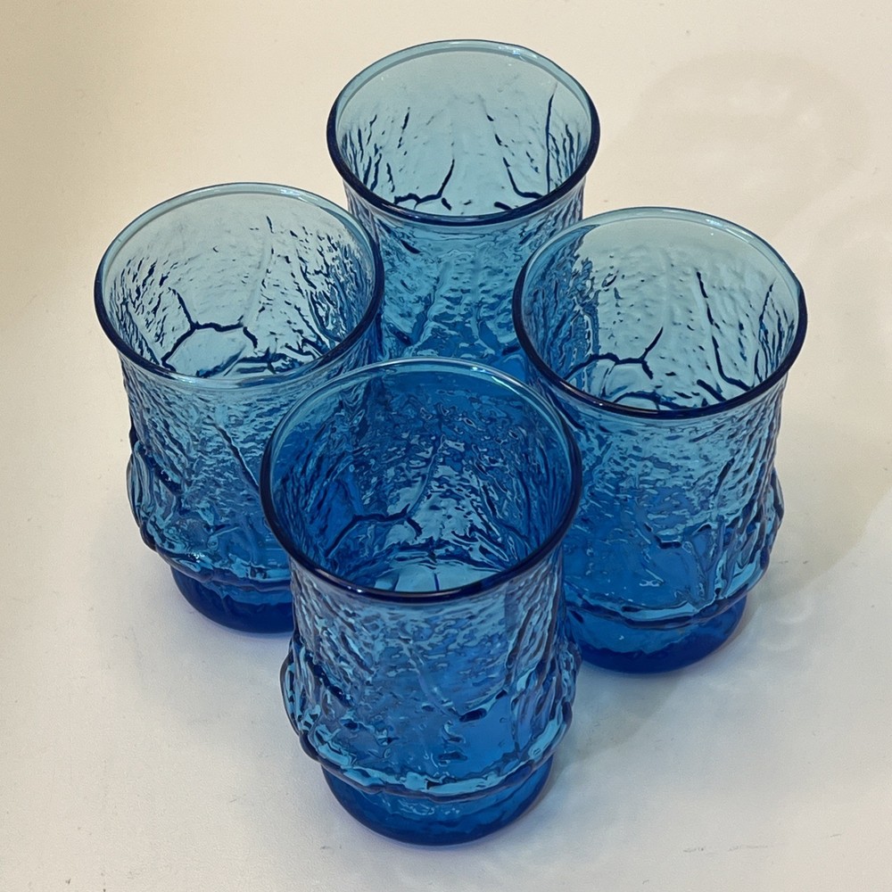 Vtg Anchor Hocking Electric Blue Rain Flower Juice Glass 6oz Set Of 2 Glasses 4”