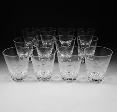 12 Josephinenhutte Sieglinde Whiskey Tumbler Glass Set Wildlife Engravings 1950s