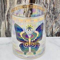 Iridescent Butterfly Tumbler Glass Multicolor Gold Rim Rocks Glass Barware Decor