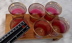 Vintage Set of 6 Cordial Liqueur Glasses 3 1/8 Cranberry Pink Flashed, Gold Gilt