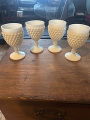 4 White Hobnail Milk Glass Water Goblet Footed Glass