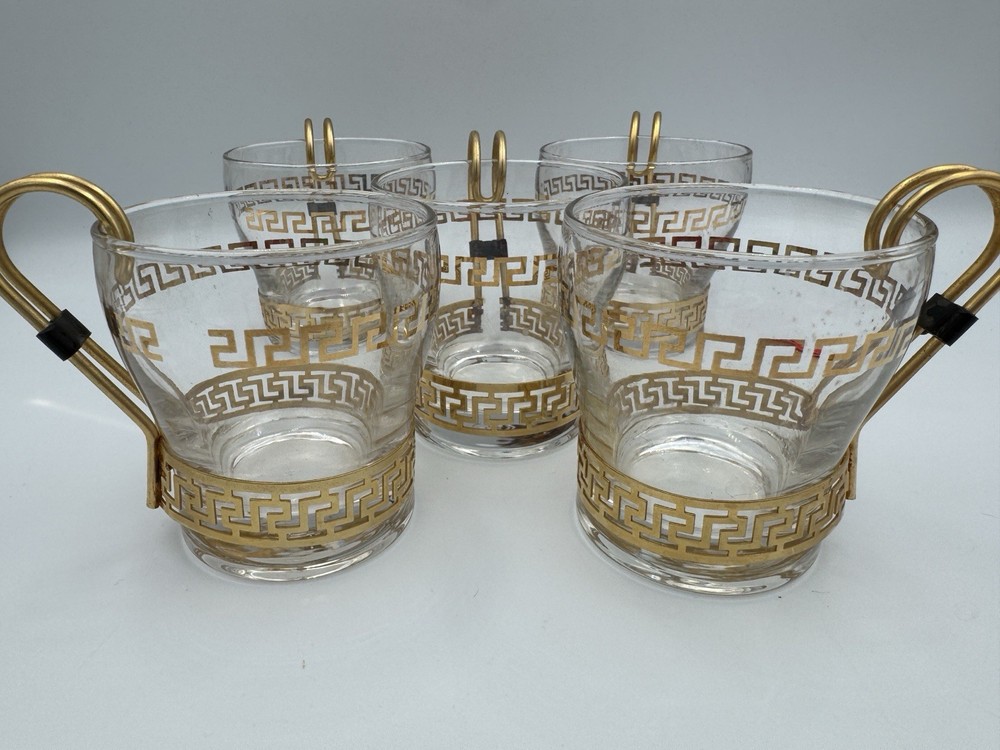 Set Of 6 VTG Libbey glass cups gold Greek key design and metal handles Hollywood