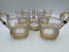 Set Of 6 VTG Libbey glass cups gold Greek key design and metal handles Hollywood