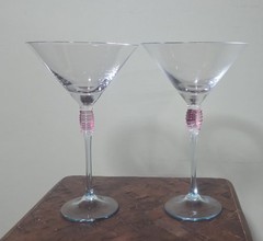 2 Vintage Beautiful 9″ Tall Martini Cocktail Glasses Pink & Blue Stem