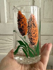 Vintage 70’s Set of 7 Drinking Glasses Painted Orange Cattails Retro MOD