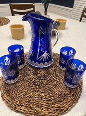 VTG Cobalt Blue Cut to Clear Bohemian/Romanian Crystal Pitcher and Four Glasses.