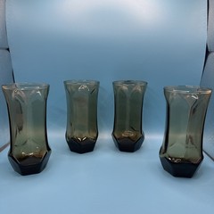 Set Of 4 Libbey Drinking Glasses Smoky Brown Clear Hexagon 5.5″ Tall Vintage