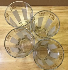 LIBBYS MCM COOLER BARWARE GLASSES FROSTED GOLD AND BLACK MOTIFFS VINTAGE