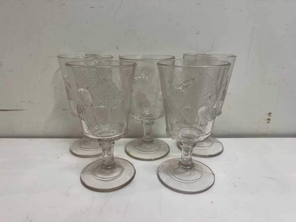 Antique EAPG Dalzell Glass Clear Strawberry & Currant Set of 5 Goblets