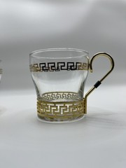 Set Of 3 VTG Libbey glass cups w/ a gold Greek key design and metal handles MCM