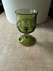 INDIANA GLASS Kings Crown Thumbprint 4 1/4″ T Cordial Glass VTG Avocado Green