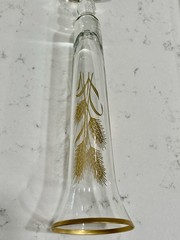 MCM Vintage Fluted 10” Footed Bud Vase Clear Glass Gold Wheat Design Gold Trim