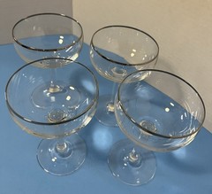 Set of 4 Mid-Century Platinum Rim Crystal Champagne Glasses Ribbed Stems 5.5”H