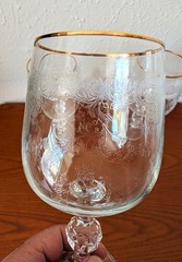 VTG Set of 3 Bohemia Crystal Queens Lace Wine Water Goblets Gold Rim Ball Stem