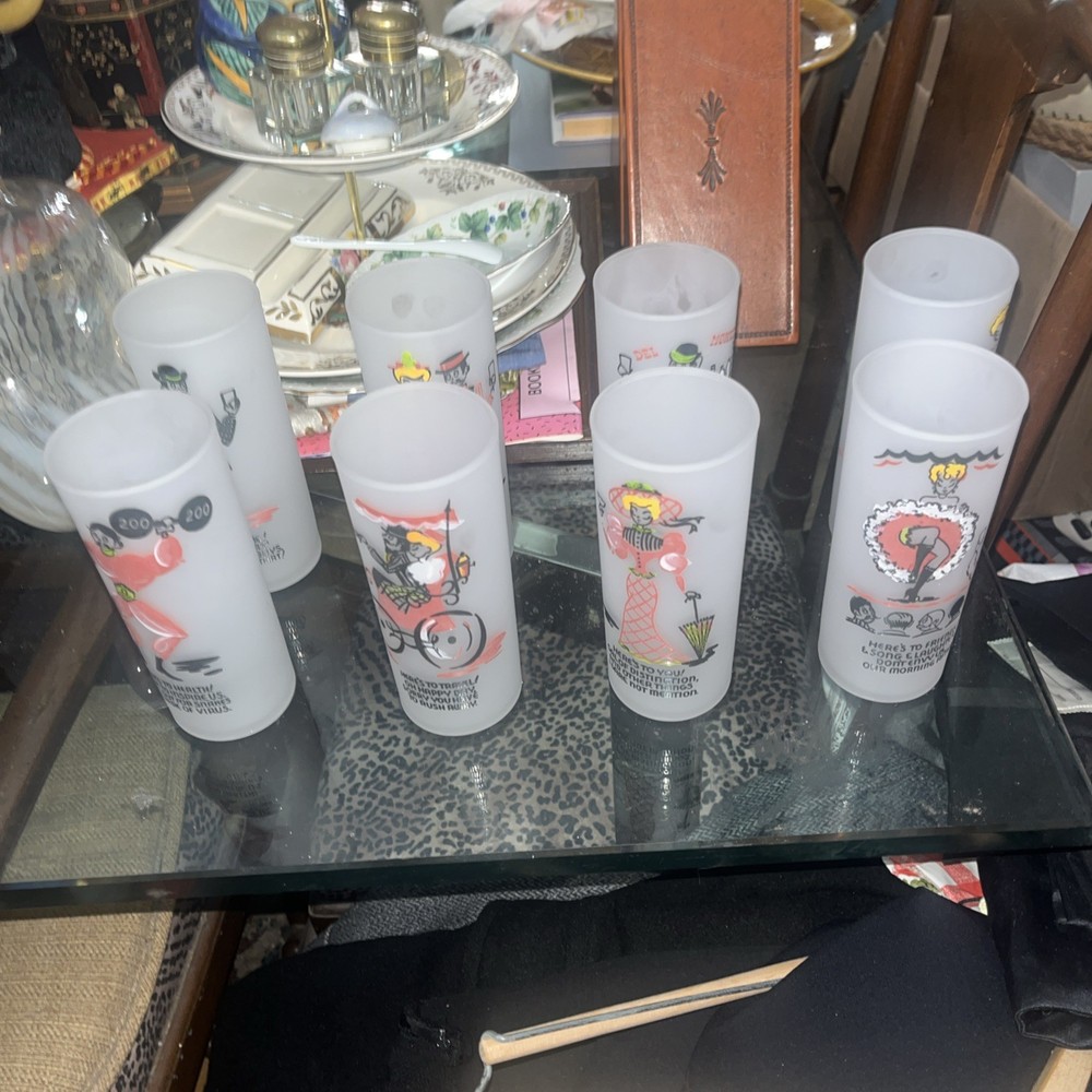Vintage Gay Fad Studios Frosted Painted Collins Glasses