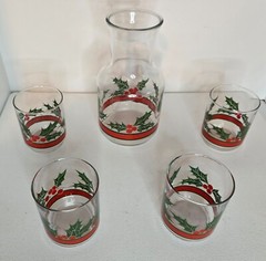 Vtg Libbey HOLLY & BERRIES 13-oz Flat Tumbler Glasses Holiday Set of 4 & Carafe
