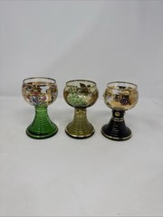 BEAUTIFUL SET(3) GERMAN Green/Gold Etched Grapes & Leaves Glass Goblets MARKED