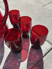 Swedish MCM ruby glass pitcher & 7tumblers,by Monica Bratt for Reijmyre Glasbruk