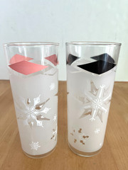 4 Mid-Century Colors Pink & Black Tom Collins Glasses w/Atomic Snowflake Design