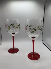 Christmas Winterberry Sentiments Wine Goblets Etched & Hand Painted Pfaltzgraff