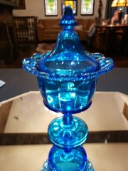 CANDY DISH & LID 10″ Imperial co open lace edge rim Blue Peacock Glass vtg