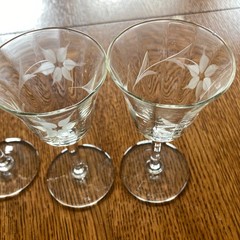 Cordial Liqueur Stems Set of 4 Wheel Etched Floral 5″ Glass Ware Vintage Barware