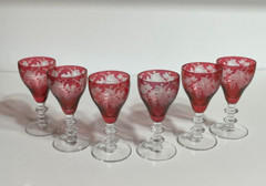 Set of 6 Cordial Glass Bryce Cranberry Ruby Glass 688-1 Etched Grape Design Rare