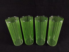 Vtg MCM Icicle Highball Glasses Textured Ribbed Design Green Lines Federal 4 pc
