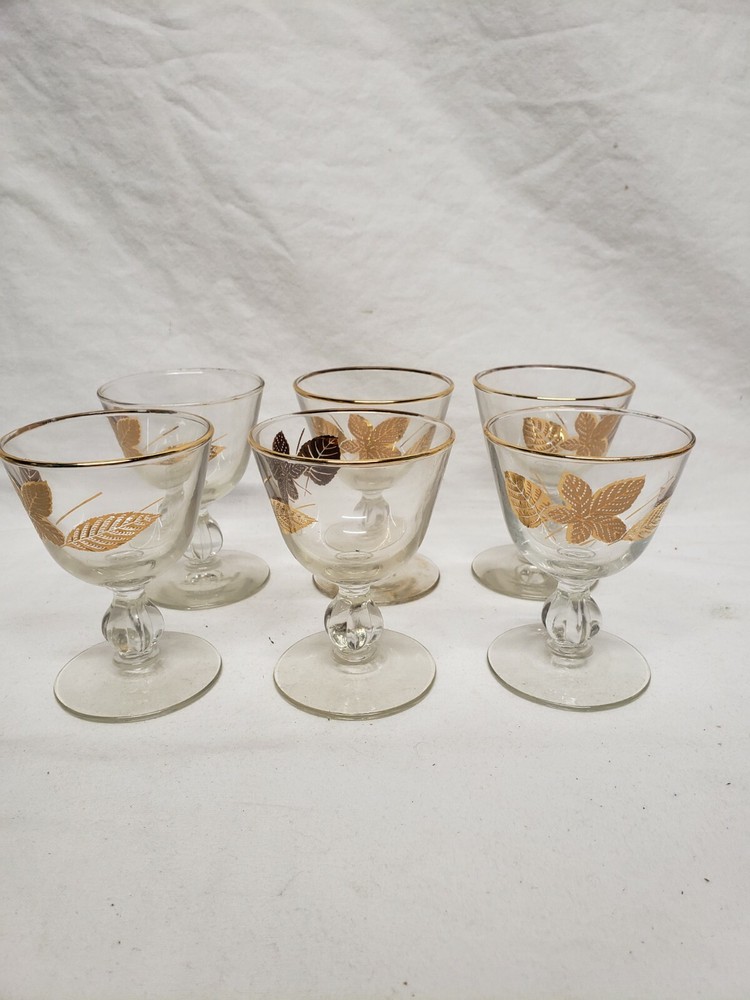 Vintage Libbey Champagne / Sherbet Glasses, Gold Leaves /foliage Set of 6
