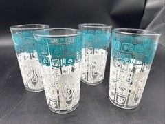 ANCHOR HOCKING BLUE AND WHITE TEAPOT GLASSES SET OF 4, Vintage