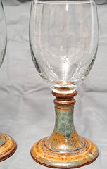 Pair Of Old Hand Thrown Drip Glaze Pottery Stem Crystal Wine Glasses Signed 6.5″