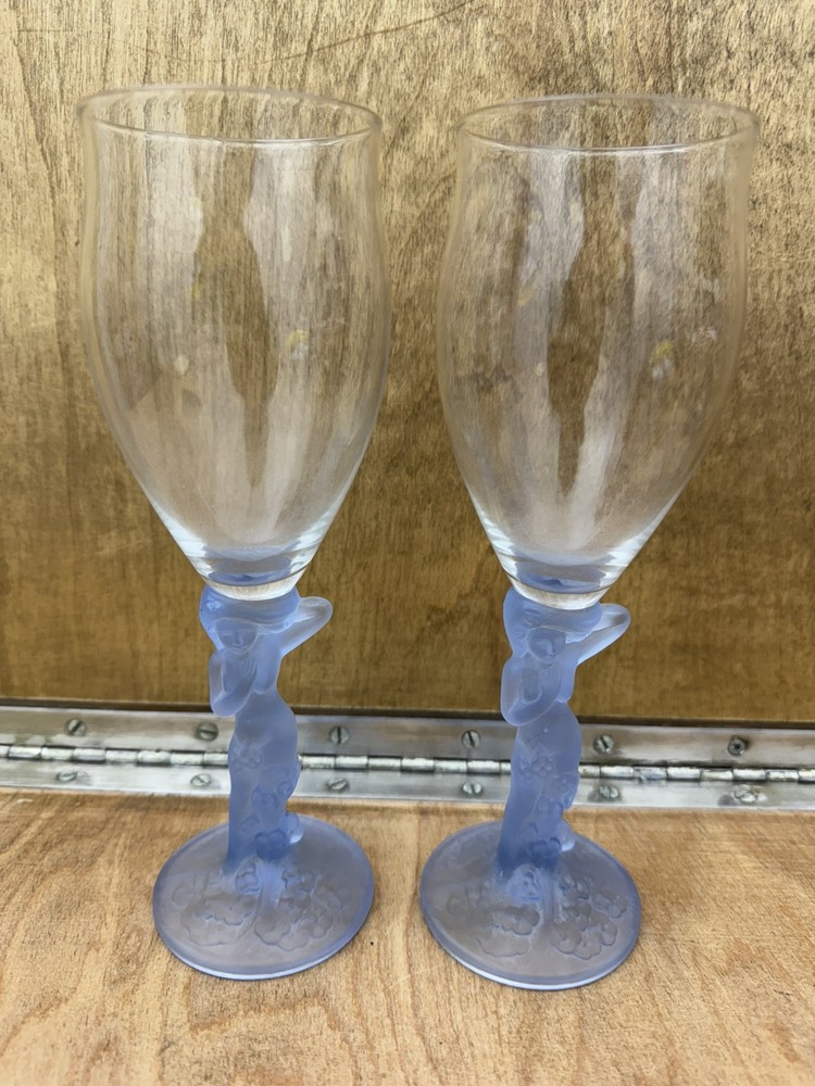 Set (2) Vintage Art Deco Aderia Nude Mermaid Wine Glass 8.25″ Blue Frosted Stem