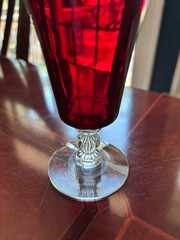 VINTAGE PAIR OF RUBY RED AND CLEAR STEMMED FOOTED JUICE GLASSES 5″ HIGH