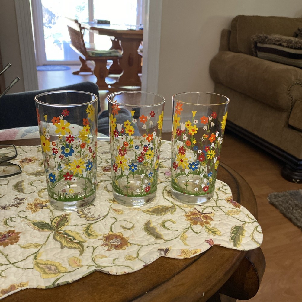 Vintage LIBBEY SPRING WILDFLOWERS Tumblers Glasses Floral Bright Colors Set Of 3