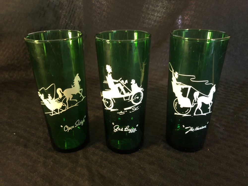Lot of 3 Green Cocktail Bar Glass Tumblers Anchor Hocking Gas Buggy Open Sleigh