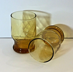 4 MCM Gold Optic Swirl Tumbler Drinking Glasses 4″ H Footed Amber Anchor Hocking