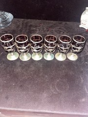 6 Vintage Green Silver Overlay Cordial Glasses With Gondola