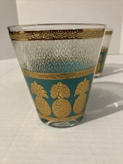 3 Vintage MCM Culver Gold and Turquoise Low Ball Cocktail Glasses Pineapple’s