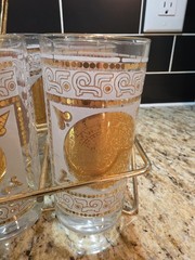 Vintage Midcentury MCM Aztec Gold Medallion Hazelware 10 Piece Bar Set Glass