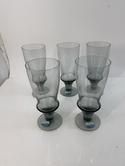 Set of 5 Vintage MCM Bjorkshult Sweden Smoke Blue-Gray Stemmed Glasses 7” Tall