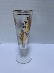 6 Vtg MCM Pilsner Glasses Gold Leaf Frosted Footed Stemmed Beer Foliage Drinking