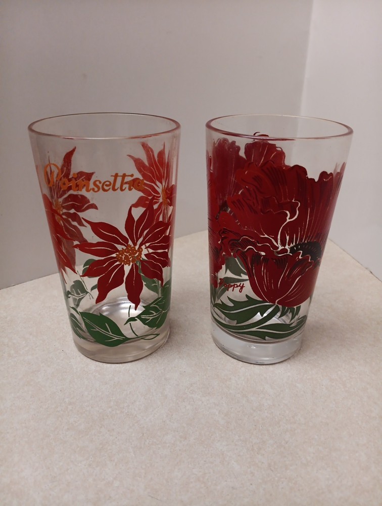 Vintage Set of 2 Peanut Butter Glass Tumblers Floral Poppy And Poinsettia