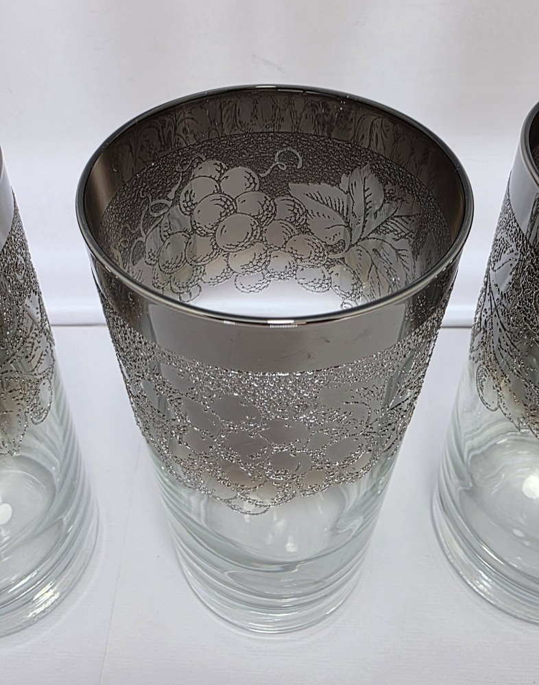 Vintage MCM Dorothy Thorpe Silver Fade «Etched» Grape Highball Glasses Set Of 4