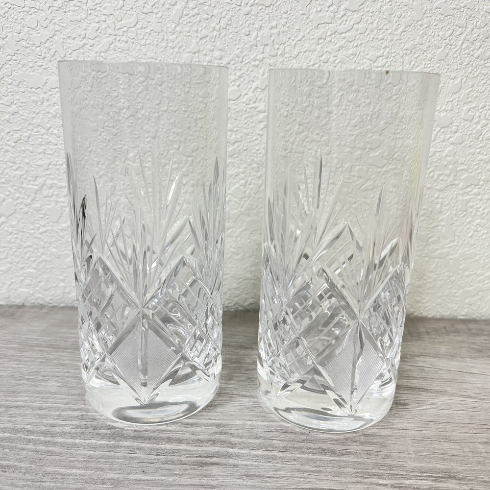 High Balls Fine Hand Cut Lead Crystal Glasses 6” Tall Set Of 2