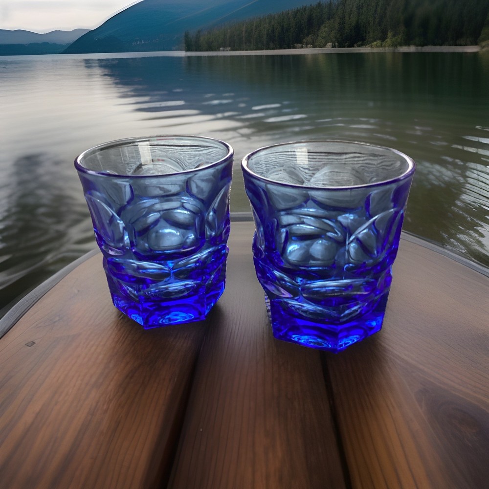Fostoria Argus Henry Ford Museum Cobalt Blue Low Ball Style Glasses (2) READ