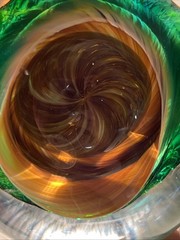 Vtg Hand Blown Art Glass Swirl Paperweight Emerald Green Amber Brown Cavern Orb