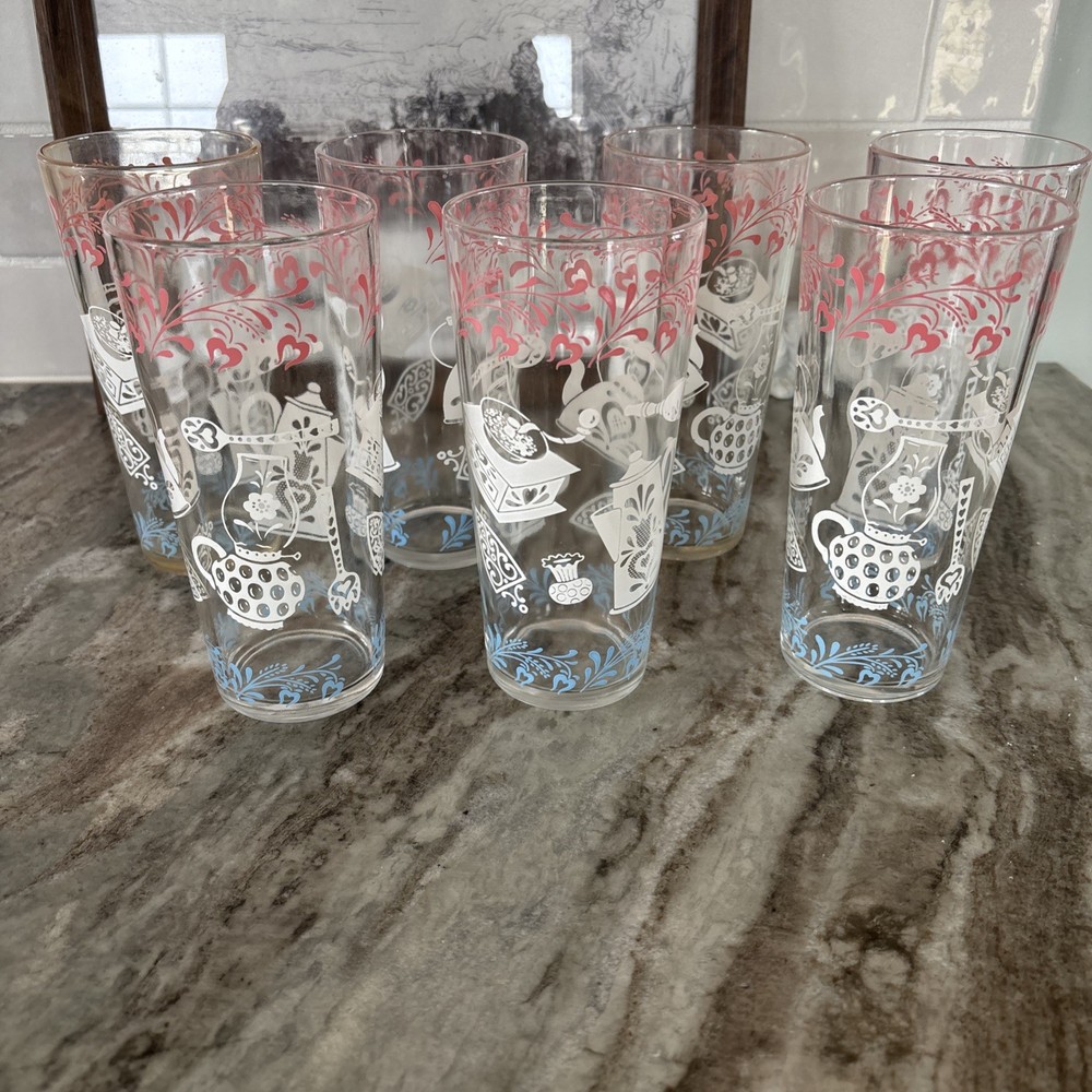 VTG 1950’s Hazel Atlas Kitchen Aids Tumbler Pink, Blue & White Glasses Set of 7